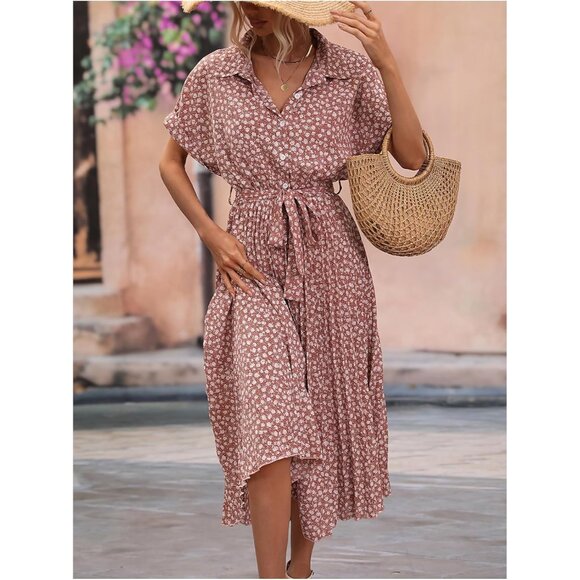 Women's Floral Print Long Dress Polyester Summer Casual A-line Short Sleeve - Picture 5 of 6